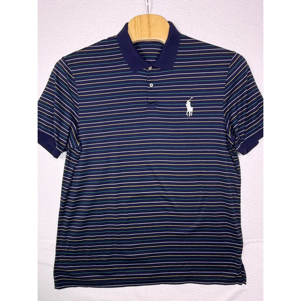 Polo Ralph Lauren Polo Shirt Men XXL Navy Blue Striped Cotton Pro Fit Big Pony